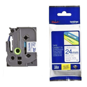 Nhãn in BROTHER TZE-253 chữ xanh dương, nền trắng, khổ 24mm
