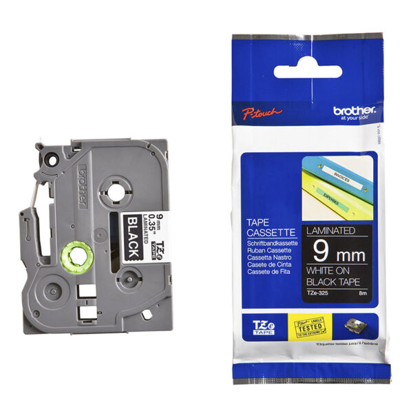Nhãn in BROTHER TZE-325 chữ trắng, nền đen, khổ 9mm-1