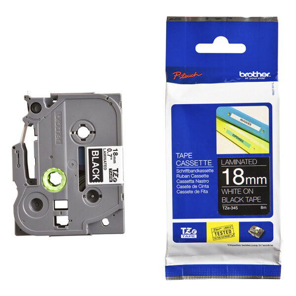 Nhãn in BROTHER TZE-345 chữ trắng, nền đen, khổ 18mm-1