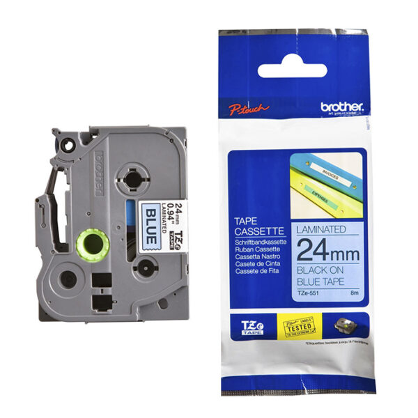 Nhãn in BROTHER TZE-551 chữ đen, nền xanh dương, khổ 24mm