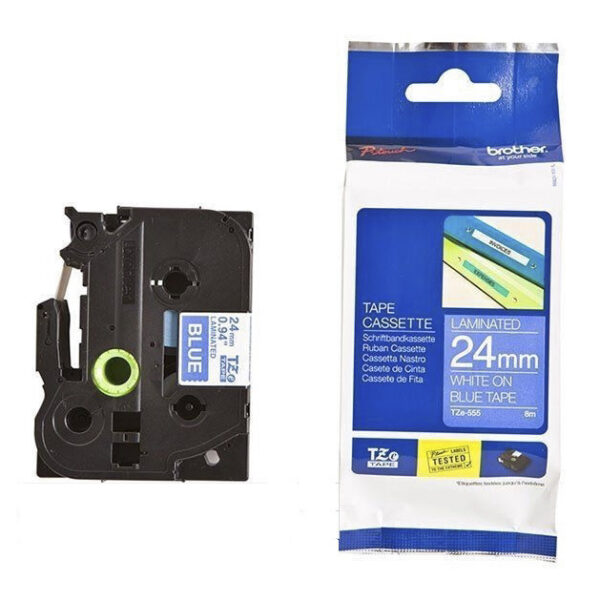 Nhãn in BROTHER TZE-555 chữ trắng, nền xanh dương, khổ 24mm