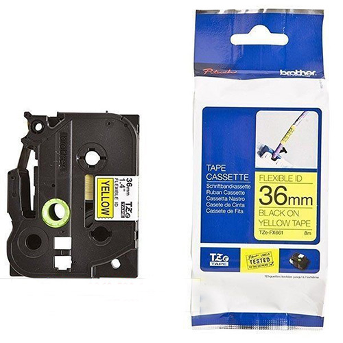 Nhãn siêu dẻo Brother TZE-FX661 / Chữ đen, nền vàng / Khổ 36MM Nhãn siêu dẻo Brother TZE-FX661 / Chữ đen, nền vàng / Khổ 36MM